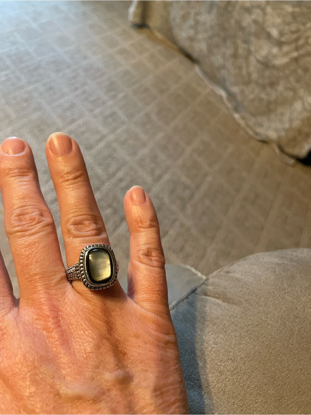 Silver-tone Statement Ring with Gray Cabochon